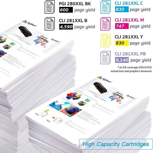 Alt view image 6 of 7 - Arthur Imaging Compatible Ink Cartridge Replacement for Canon PGI-280XXL CLI-281XXL PGI 280 XXL CLI 281 XXL use with PIXMA TS9120 TS8120 TS8220 (PGBK, Black, Photo Blue, Cyan, Magenta, Yellow) 6 Pack
