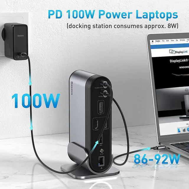 Alt view image 6 of 7 - Baseus Docking Station, 16-in-1 USB C Hub to Display on 4 Monitors, 2 HMDI, 2 DP, 2 USB-C Ports, 3 USB3.0 Ports, 1000Mbps LAN Port, MicroSD/TF Card Reader, Compatible with Windows and MacOS Laptops