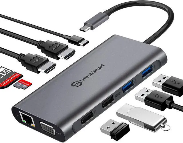 Main image of USB C Hub, UtechSmart 11 in 1 USB C Triple Display Laptop Docking Station, USB C Dock with 2 HDMI, VGA, PD3.0, SD TF Card Slot, 4 USB Ports USB-C Adapter Compatible for MacBook and Windows