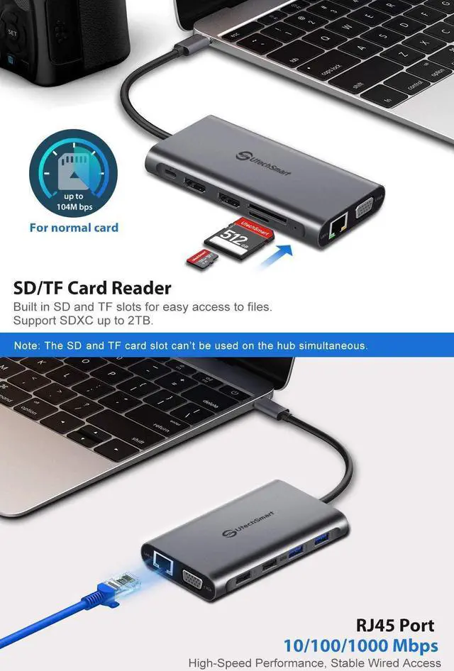 Alt view image 5 of 5 - USB C Hub, UtechSmart 11 in 1 USB C Triple Display Laptop Docking Station, USB C Dock with 2 HDMI, VGA, PD3.0, SD TF Card Slot, 4 USB Ports USB-C Adapter Compatible for MacBook and Windows