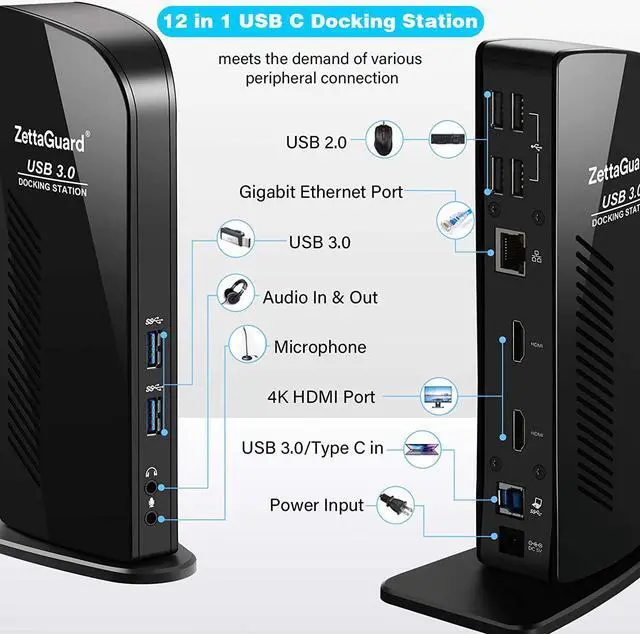 Alt view image 2 of 7 - USB 3.0 and USB-C Universal Laptop Docking Station for Windows and Mac (Dual 4K Video HDMI, Gigabit Ethernet, 6 USB 3.0 Ports, 3.5 mm Audio)