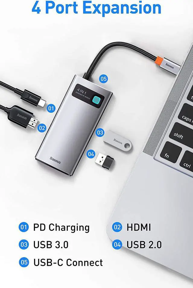 Alt view image 2 of 5 - Baseus 4-in-1 USB C Hub, Type C Hub to 4K/30Hz HDMI Adapter with 100W Power Delivery, USB 3.0/2.0 Data Ports Compatible with MacBook Pro,Dell Laptop and More