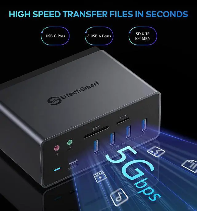 Alt view image 5 of 7 - Docking Station,UtechSmart 19 in 1 Quadruple Monitor Laptop USB C Docking Station,USB C Hub Dock 3 HDMI Adapter for MacBook&Windows (3 HDMI,1 VGA,6 USB Ports,100WPD,Ethernet,SD/TF Card Reader,Audio)
