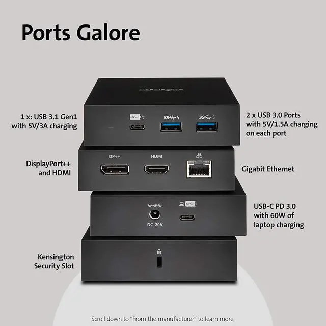 Alt view image 3 of 7 - Kensington SD2000P USB-C Docking Station for Ipad Pro, Windows Laptops, Surface, MacBooks and Chromebooks - Single 4K Video, 135W (K38260NA)