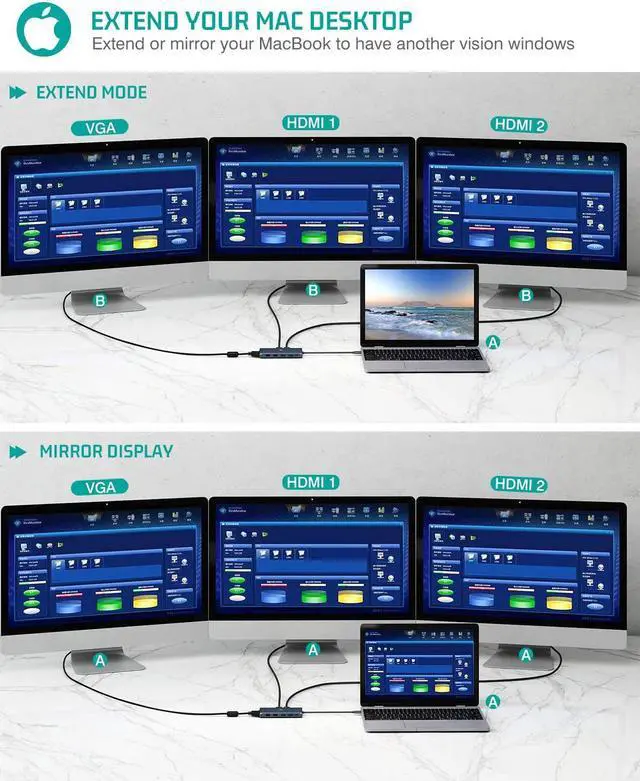 Alt view image 4 of 7 - USB C Hub, Tiergrade USB-C Docking Station, 12 in 1 Triple Display Laptop USB C Dock for MacBook and Windows with 2HDMI VGA 100W PD3.0 RJ45 Ethernet 4USB Ports TF/SD Card Reader