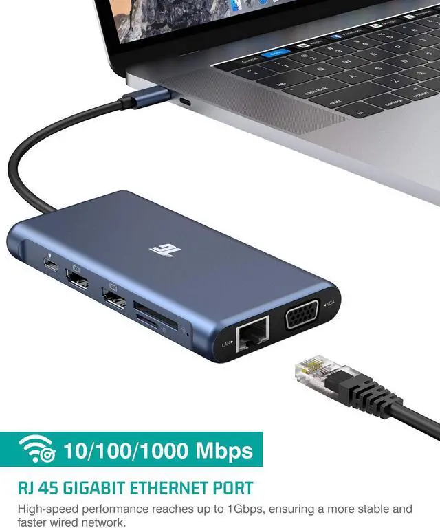 Alt view image 7 of 7 - USB C Hub, Tiergrade USB-C Docking Station, 12 in 1 Triple Display Laptop USB C Dock for MacBook and Windows with 2HDMI VGA 100W PD3.0 RJ45 Ethernet 4USB Ports TF/SD Card Reader