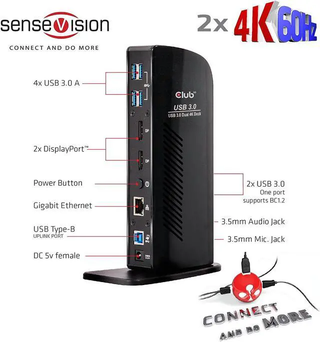 Alt view image 2 of 6 - CLUB 3D USB 3.0 Dual DisplayPort 4K Monitor Universal Laptop Docking Station for Windows (Dual 4K DisplayPort, Gigabit Ethernet, Audio, 6 USB Ports)