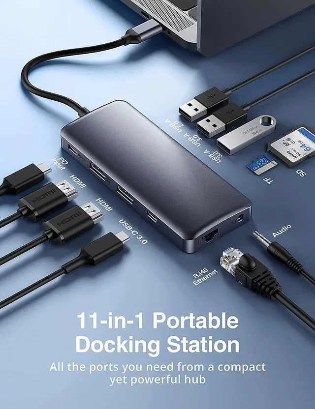Alt view image 2 of 7 - USB C Hub, 11-in-1 Docking Station with Dual 4K HDMI,Ultra-Slim, 4 USB Ports, 100W PD Charging, SD/TF Cards Reader, for MacBook/Pro/Air/Chromebook/iPad Pro/ Type-C Laptops