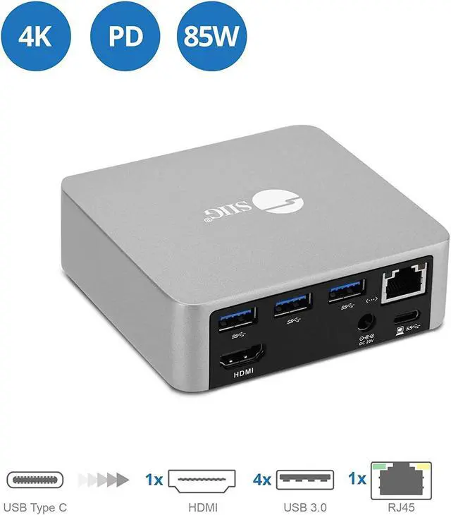 Alt view image 2 of 7 - SIIG USB-C Mini Docking Station with HDMI 4K@30Hz, Gigabit Ethernet, 4X USB 3.0 Ports, Power Delivery - 85W Laptop Charging Type-C Dock (Thunderbolt 3 Compatible for Macbooks/Windows/Chromebooks)