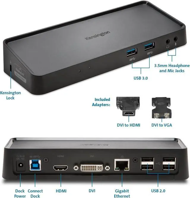 Alt view image 6 of 7 - Kensington Universal USB3.0 Mountable Dual Display Docking Station for Windows, Mac, and Surface (Dual Video HDMI & DVI / VGA, 6 USB Ports, Gigabit Ethernet, Audio)