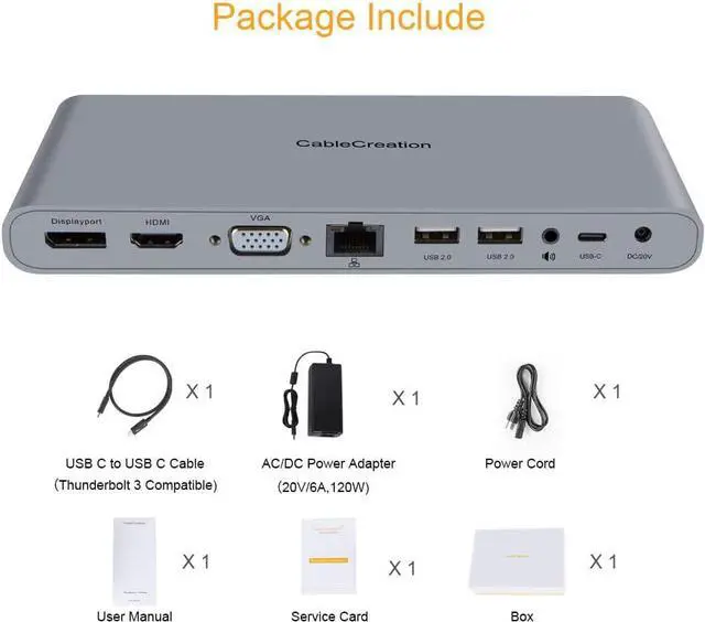 Alt view image 6 of 7 - CableCreation Thunderbolt 3 Dock w/1.6ft Cable, 13-in-1 USB C Hub with DisplayPort, VGA, HDMI, Ethernet, 2 Audio, 4 USB A, USB C PD Compatible for Macbook Pro/Air2019 2018, MacOS Windows USB-C Laptops