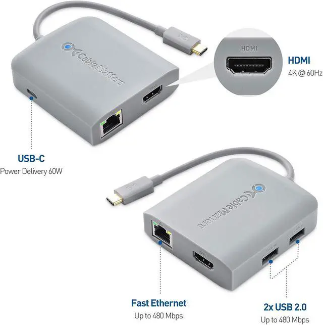Alt view image 2 of 7 - [Works with Chromebook Certified] Cable Matters USB C Hub Multiport Adapter with 4K HDMI, 2X USB 2.0, 480Mbps Ethernet, and 60W PD