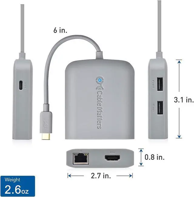 Alt view image 7 of 7 - [Works with Chromebook Certified] Cable Matters USB C Hub Multiport Adapter with 4K HDMI, 2X USB 2.0, 480Mbps Ethernet, and 60W PD