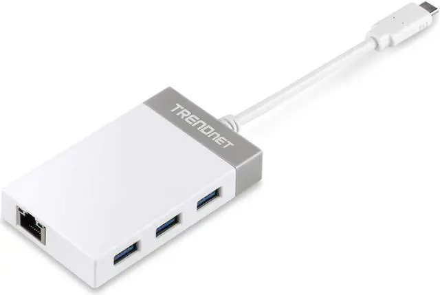 Main image of TRENDnet USB C to Ethernet Gigabit Adapter, TUC-ETGH3, Compact USB Type C Hub, 3 x USB 3.0 Ports, 1 x RJ-45 Gigabit Ethernet Port, Windows and Mac Compatible, White