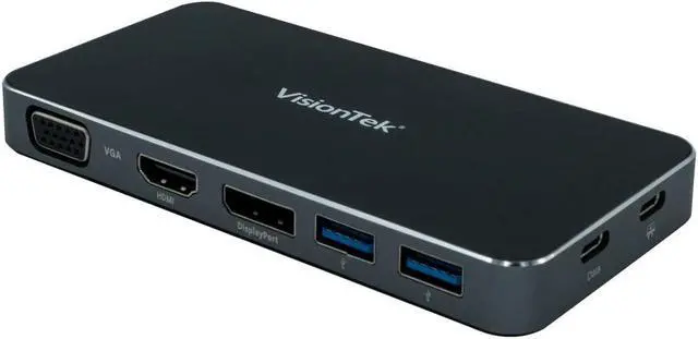 Main image of VisionTek VT200 USB-C Portable Dock - Dual Display - 100W Power Passthrough - Thunderbolt 3 - VGA - HDMI - DisplayPort - 2X USB 3.0 - for Dell/Surface/Mac M1/Chromebook & More - White Box - (901226)
