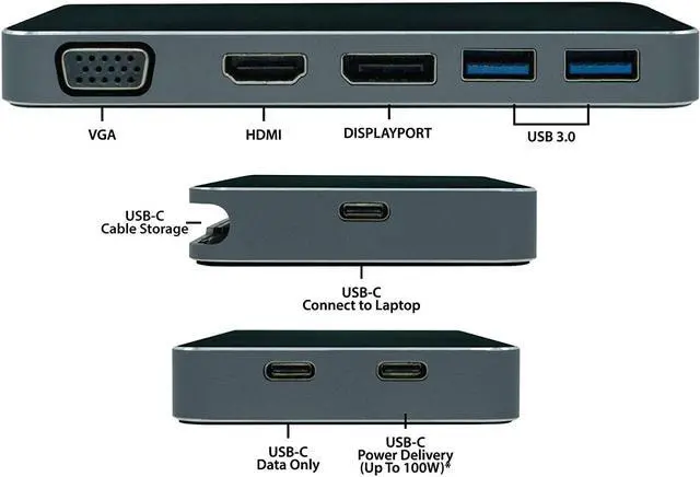 Alt view image 4 of 6 - VisionTek VT200 USB-C Portable Dock - Dual Display - 100W Power Passthrough - Thunderbolt 3 - VGA - HDMI - DisplayPort - 2X USB 3.0 - for Dell/Surface/Mac M1/Chromebook & More - White Box - (901226)