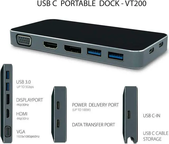 Alt view image 5 of 6 - VisionTek VT200 USB-C Portable Dock - Dual Display - 100W Power Passthrough - Thunderbolt 3 - VGA - HDMI - DisplayPort - 2X USB 3.0 - for Dell/Surface/Mac M1/Chromebook & More - White Box - (901226)