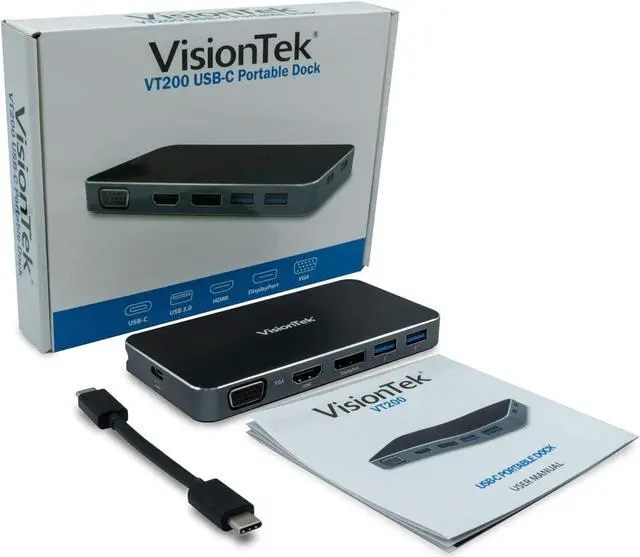 Alt view image 6 of 6 - VisionTek VT200 USB-C Portable Dock - Dual Display - 100W Power Passthrough - Thunderbolt 3 - VGA - HDMI - DisplayPort - 2X USB 3.0 - for Dell/Surface/Mac M1/Chromebook & More - White Box - (901226)