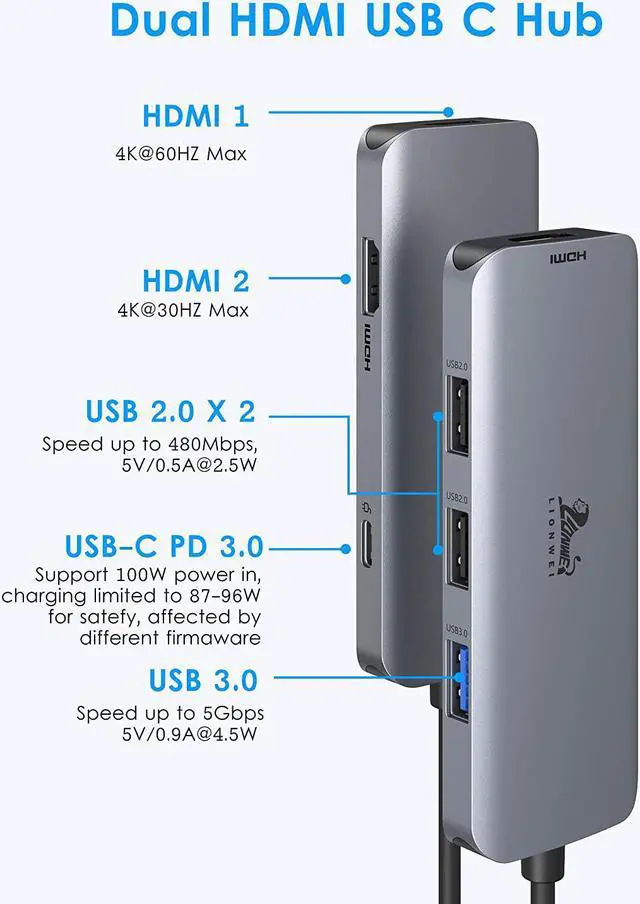 Alt view image 2 of 7 - USB C Hub Dual HDMI USB C to Dual Monitors Adapter to Dual 4K HDMI 3 USB PD Charging Port USB C Docking Station Dual Monitor for Dell XPS 13/15 Lenovo Yoga HP x360 /Elitebook etc