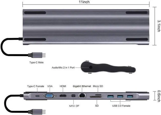 Alt view image 2 of 7 - Type C Docking Station 11 in 1 to HDMI Card Reader RJ45 PD Charger Audio Hub for USB C Hub USB 3.0 Dual Display Docking Station for Windows