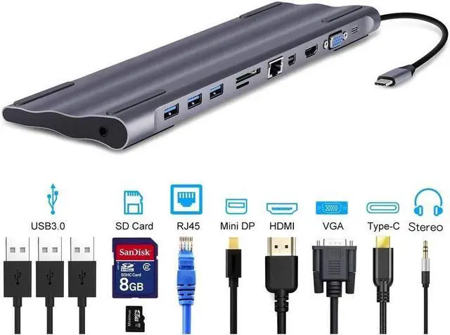 Alt view image 3 of 7 - Type C Docking Station 11 in 1 to HDMI Card Reader RJ45 PD Charger Audio Hub for USB C Hub USB 3.0 Dual Display Docking Station for Windows