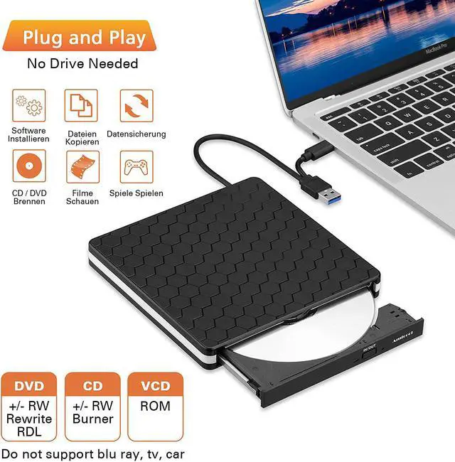 Alt view image 2 of 7 - External DVD Drive, Amicool USB 3.0 Type-C CD DVD +/-RW Optical Drive USB C Burner Slim CD/DVD ROM Rewriter Writer Reader Portable for PC Laptop Desktop MacBook Mac Windows 7/8.1/10 Linux OS Apple