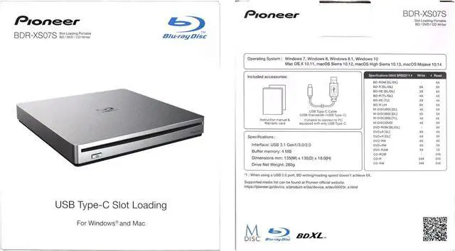 Alt view image 4 of 4 - Produplicator Pioneer BDR-XS07S Portable 6X Blu-ray Burner External Drive with USB Cable - Burns CD DVD BD DL BDXL Discs