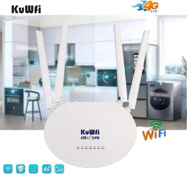 Alt view image 3 of 7 - KuWFi 4G LTE Router with SIM Card Slot, 300Mbps Unlocked Wireless WiFi Internet Routers with 4pcs Non-Detachable Antennas for USA/CA/MX[Not for Verizon]