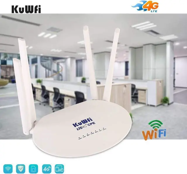 Alt view image 7 of 7 - KuWFi 4G LTE Router with SIM Card Slot, 300Mbps Unlocked Wireless WiFi Internet Routers with 4pcs Non-Detachable Antennas for USA/CA/MX[Not for Verizon]