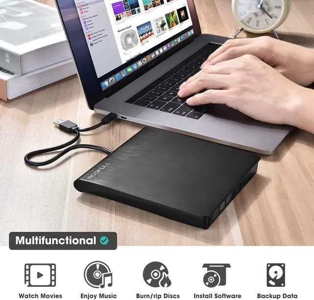 Alt view image 6 of 6 - ROOFULL External CD DVD +/-RW Drive Burner USB 3.0 Type-C Portable CD/DVD ROM Optical Player Drive Reader Writer for Windows 11/10/8/7 Laptop Desktop, Mac MacBook Pro/ Air, iMac (+Extra Power Cord)