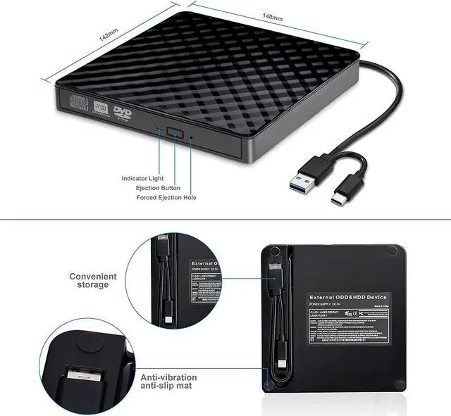 Alt view image 5 of 7 - External CD DVD Drive, USB 3.0 and Type-C Portable CD DVD +/-Rw Drive Reader, DVD/CD ROM Burner Rewriter, Slim Optical DVD Drive for Laptop, Desktop (8X, External CD DVD Drive, Black)