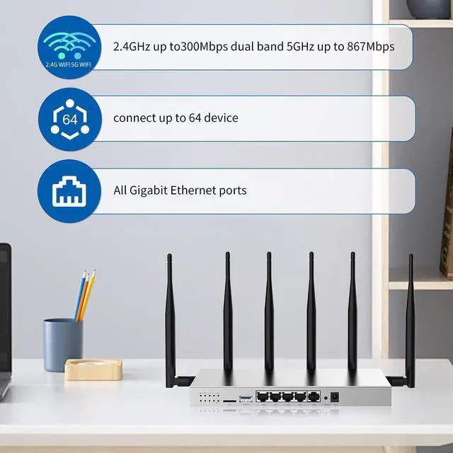 Alt view image 4 of 6 - Wiflyer WG3526 4G LTE Router | AC1200Mbps Dual Band CAT4 Wireless Router with Metal Case and Detachable 6×5dBi Antennas| Gigabit Ethernet with TF Card Slot & USB3.0 Port & SIM Card Slot