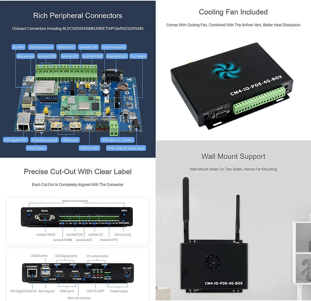 Alt view image 6 of 7 - Waveshare Industrial IoT Mini-Computer Based On Raspberry Pi Compute Module 4 (NOT Included) Waveshare CM4 Industrial IoT Board Inside PoE 5G/4G Metal Case with Cooling Fan
