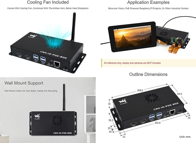 Alt view image 7 of 7 - Waveshare PoE Mini-Computer Based On Raspberry Pi Compute Module 4 (NOT Included) Waveshare CM4 PoE IO Board Inside Metal Case with Cooling Fan