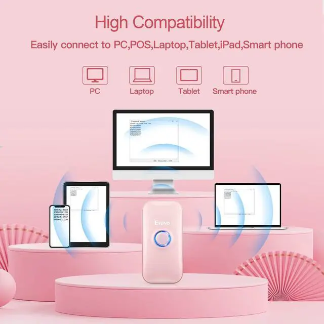 Alt view image 5 of 7 - Eyoyo Mini 1D Bluetooth Barcode Scanner, 3-in-1 Bluetooth & USB Wired & 2.4G Wireless Barcode Reader Portable Bar Code Scanning Work with Windows, Android, iOS, Tablets or Computers(Pink)