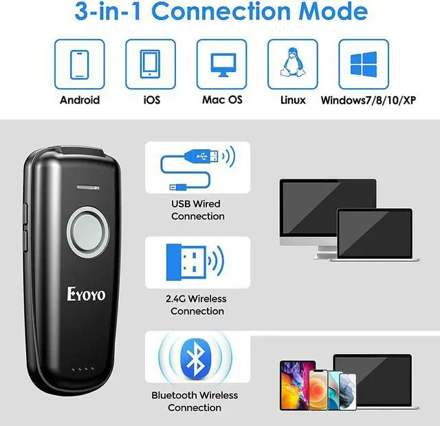 Alt view image 4 of 7 - Eyoyo Mini 1D Bluetooth Barcode Scanner Wireless, With Power On/Off Button, Volume Up/Down Button,1500mAh Rechargeable Battery, Portable Bar Codes Reader for Windows, Mac Computer, Android, iOS Phones