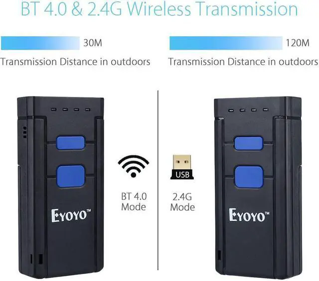 Alt view image 2 of 7 - Eyoyo Mini 1D Wireless Barcode Scanner Bluetooth,3-in-1 Bluetooth&2.4G Wireless&Wired Connection, Portable Inventory Bar Code Reader Compatible with iPhone, Android, Windows, Mac Tablets or Computers