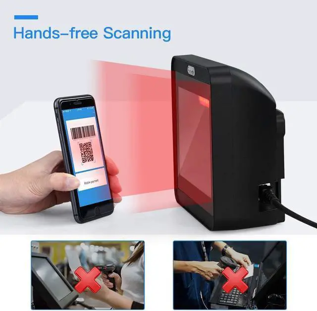 Alt view image 2 of 7 - Eyoyo Hands-Free 2D QR Barcode Scanner, Omnidirectional Desktop Automatic 1D Barcode Reader Big Scan Window to Read PDF417 on ID Card, Driver's License, Passport for Supermarket Library Retail Store
