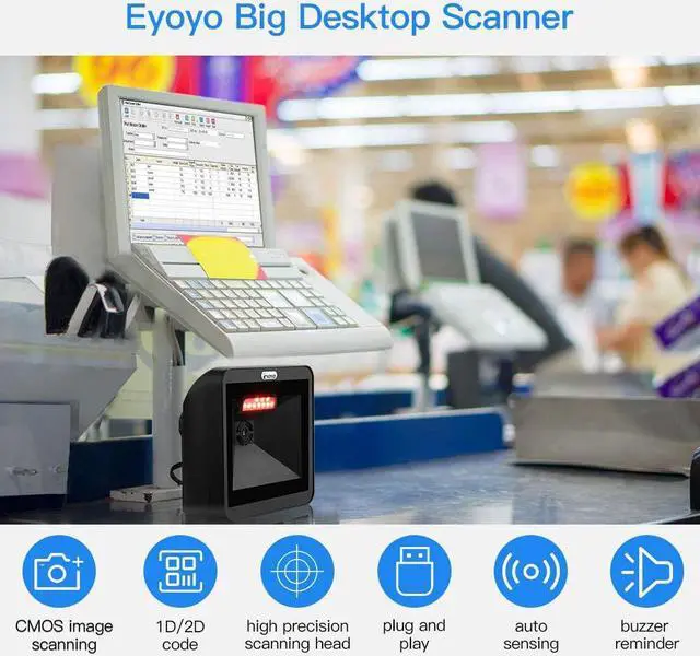 Alt view image 3 of 7 - Eyoyo Hands-Free 2D QR Barcode Scanner, Omnidirectional Desktop Automatic 1D Barcode Reader Big Scan Window to Read PDF417 on ID Card, Driver's License, Passport for Supermarket Library Retail Store