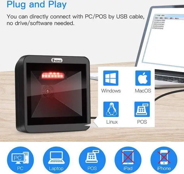 Alt view image 4 of 7 - Eyoyo Hands-Free 2D QR Barcode Scanner, Omnidirectional Desktop Automatic 1D Barcode Reader Big Scan Window to Read PDF417 on ID Card, Driver's License, Passport for Supermarket Library Retail Store