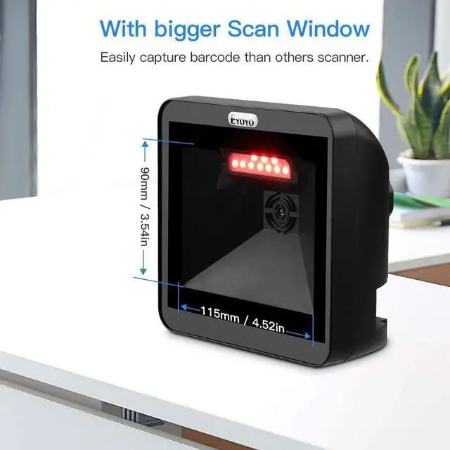 Alt view image 7 of 7 - Eyoyo Hands-Free 2D QR Barcode Scanner, Omnidirectional Desktop Automatic 1D Barcode Reader Big Scan Window to Read PDF417 on ID Card, Driver's License, Passport for Supermarket Library Retail Store