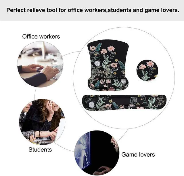 Alt view image 6 of 7 - Wrist Rest Support for Mouse Pad&Keyboard Set Wild Flowers Ergonomic Mousepad&Coaster Non-Slip Base Home/Office Pain Relief&Easy Typing Cushion with Neoprene Cloth&Raised Memory Foam Black