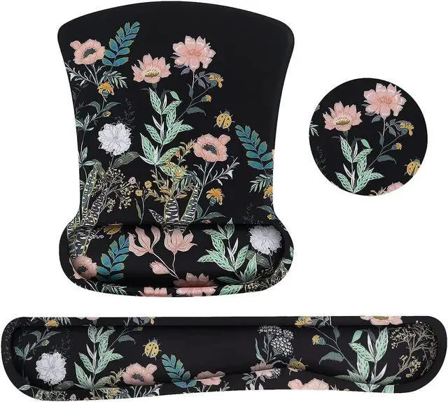 Main image of Wrist Rest Support for Mouse Pad&Keyboard Set Wild Flowers Ergonomic Mousepad&Coaster Non-Slip Base Home/Office Pain Relief&Easy Typing Cushion with Neoprene Cloth&Raised Memory Foam Black