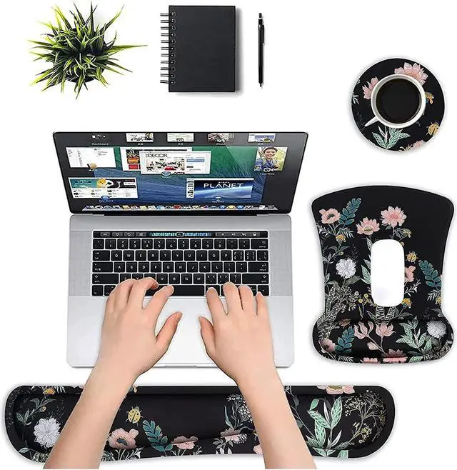 Alt view image 2 of 7 - Wrist Rest Support for Mouse Pad&Keyboard Set Wild Flowers Ergonomic Mousepad&Coaster Non-Slip Base Home/Office Pain Relief&Easy Typing Cushion with Neoprene Cloth&Raised Memory Foam Black