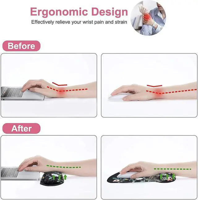 Alt view image 3 of 7 - Wrist Rest Support for Mouse Pad&Keyboard Set Wild Flowers Ergonomic Mousepad&Coaster Non-Slip Base Home/Office Pain Relief&Easy Typing Cushion with Neoprene Cloth&Raised Memory Foam Black