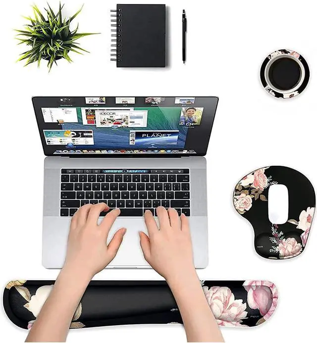 Alt view image 2 of 7 - MOSISO Wrist Rest Support for Mouse Pad&Keyboard Set, Curved Peony Ergonomic Mousepad&Coaster Non-Slip Base Home/Office Pain Relief&Easy Typing Cushion with Neoprene Cloth&Raised Memory Foam, Black