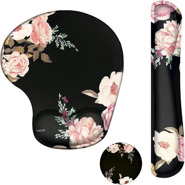 Main image of MOSISO Wrist Rest Support for Mouse Pad&Keyboard Set, Curved Peony Ergonomic Mousepad&Coaster Non-Slip Base Home/Office Pain Relief&Easy Typing Cushion with Neoprene Cloth&Raised Memory Foam, Black