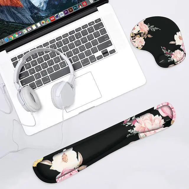 Alt view image 6 of 7 - MOSISO Wrist Rest Support for Mouse Pad&Keyboard Set, Curved Peony Ergonomic Mousepad&Coaster Non-Slip Base Home/Office Pain Relief&Easy Typing Cushion with Neoprene Cloth&Raised Memory Foam, Black