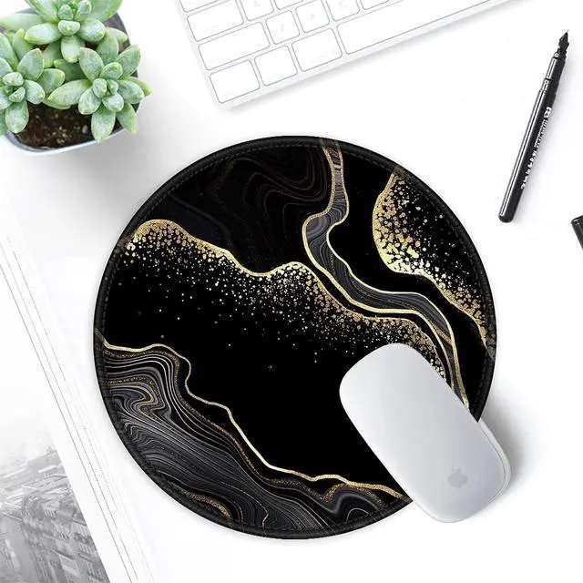 Alt view image 7 of 7 - ITNRSIIET Round Mouse Pad with Stitched Edge Premium-Textured Waterproof Non-Slip Rubber Base Desktop Protection Mat Diameter 8.7 inches, Black Gold Marbling