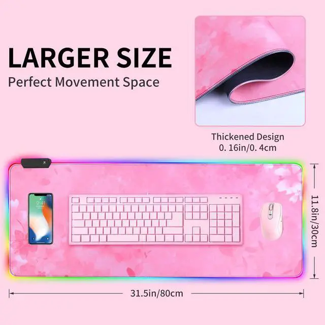 Alt view image 7 of 7 - RGB Gaming Mouse Pad, Large Led Mouse Pad with 12 Lighting Modes, Gaming Keyboard Non-Slip Rubber Base PC Gaming Desk Pad,High-Performance Pad Optimized for Gamer,31.5x11.8 inch (Pink)